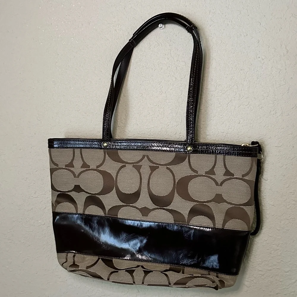 Coach Signature Canvas & Leather Brown Tote Handbag - Picture 8 of 13